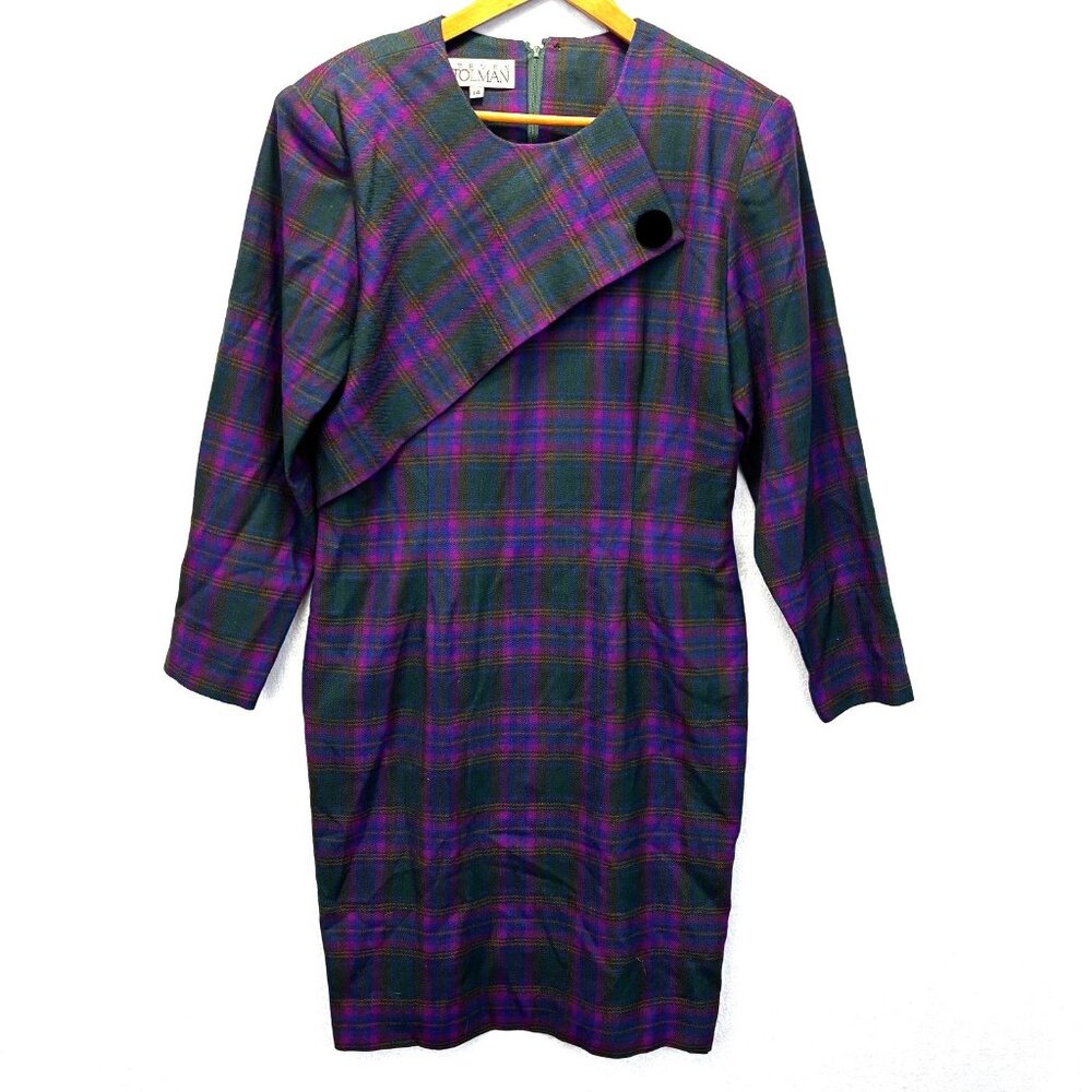 Vintage 80s Steven Stolman‎ Wool Secretary Dress Womens 14 Purple Plaid Office